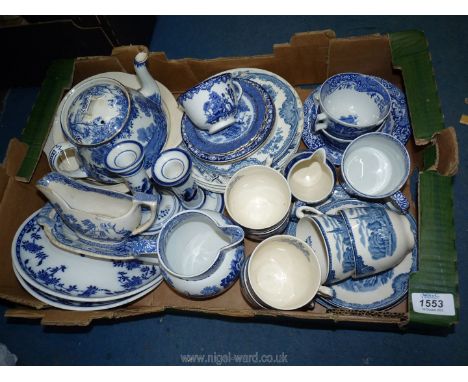 A quantity of blue and white china mostly Old Willow pattern to include Royal Copenhagen plates, Doulton cup and saucers, Spo