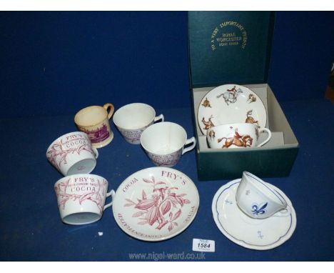 A box of miscellaneous china including four large cups and one saucer by W.T. Copeland of Fry's pure concentrated cocoa, a pr
