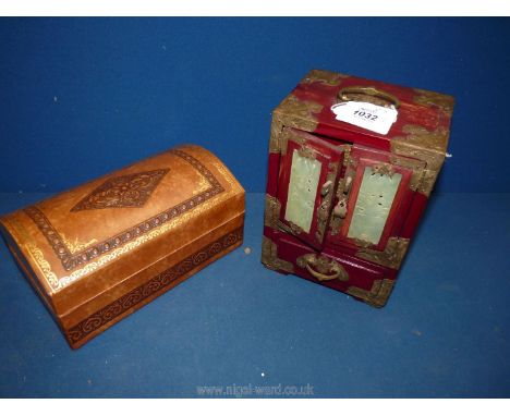 An oriental red lacquer, brass mounted collectables Cabinet with jade type pierced panels, enclosed are a set of drawers, 8½"