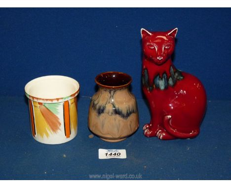 A rare Poole pottery red seated Cat, 7" tall (graze to ear), an interesting Pilkington Lancastrian jar with drizzle glaze, 3"