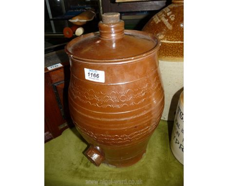 A Victorian salt glaze ceramic Flask with hole for tap, 15" tall, (chip to base).