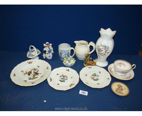 A small quantity of china including three "Herend" hand painted plates with birds and butterflies, a Hummel figure (a/f), Roy