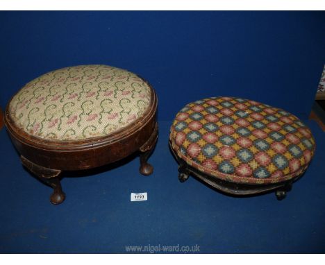 A 19th c. Mahogany/Walnut circular low Footstool standing on four cabriolet legs and having a tapestry upholstered seat, 14''