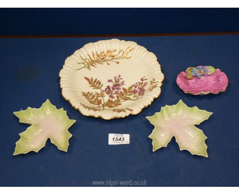 A Royal Worcester Plate with scalloped and raised edges, having purple, orange floral decoration, gilt detail, 1416 together 