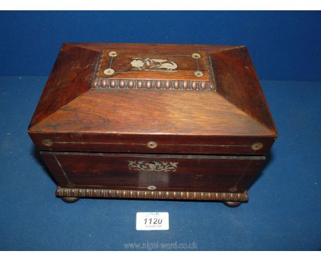 A sarcophagus Tea Caddy, decorated with mother of pearl detail depicting flowers and birds, with lids to the internal compart