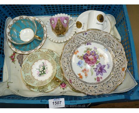 Two bone china dishes with lace work design, plus four vintage cups &amp; saucers.