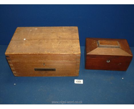 A small Pine Candle Box, 12" x 8" x 6", plus a sarcophagus shape Mahogany tea Caddy, 8" x 5" x 5".