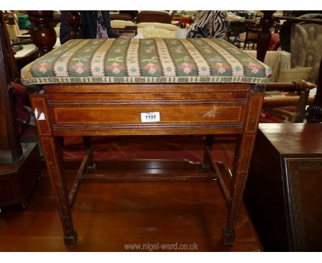 An Edwardian Piano Stool of very good quality having light and darkwood stringing, the tapering square legs terminating in sp