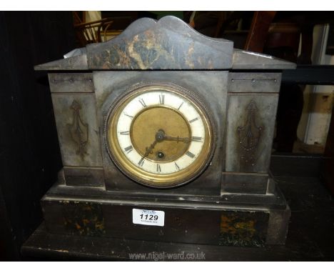 A black Mantle Clock, with key, a/f. 12" x 10" x 5".