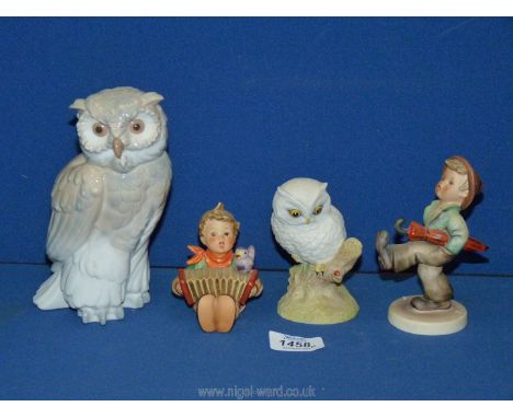 Two Goebel figures 'Lets sing' and one other plus an Aynsley baby owl and Nao Owl, 7'' tall.