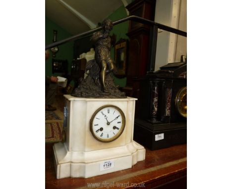 An elegant white Marble cased mantle Clock having a two-train movement, the white face with Roman numerals and regulator spin