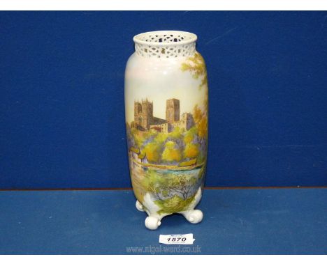 Royal Worcester 1929 G42 vase of Durham cathedral with cut out decoration 8¾" tall (some repairs.)