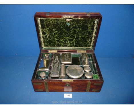 A brass bound Rosewood/Walnut cased gentleman's travelling Grooming set including glass toothpick pot, comb case, pots, etc. 