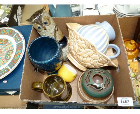 Quantity of studio pottery, jugs, vases, Sylvac vase, Wade tree trunk dishes, Prinknash tankard, etc.