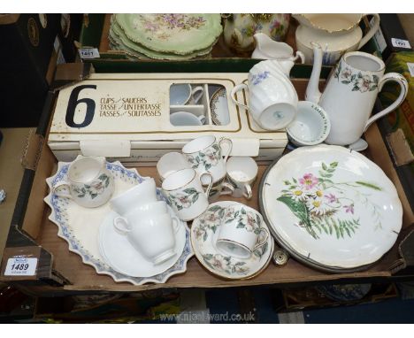 A quantity of mixed china including; Crown Staffordshire rose decorated coffee set, coffee pot (no lid), a copper warming pla