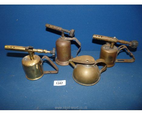 Three Blow lamps including ''Primus No. 802'' - ''A/B B.A. Hjorth &amp; Co., Sweden'', a ''Bladon, Birmingham'' - ''Use petro
