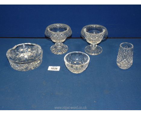 A small quantity of crystal glass to include a matching pair of Waterford miniature footed bowls with turnover rims, Irish 'T