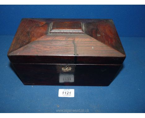 A rosewood sarcophagus tea caddy, with two internal compartments, each with lids, one lid a/f. 9" x 5" x 5 1/2".