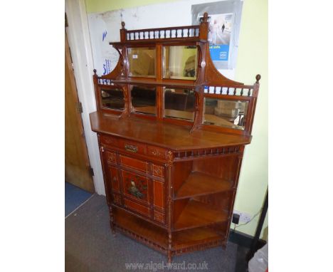 An Edwardian Satin Walnut Chiffonier, the upstand with six bevelled mirrors and turned spindle details, the base with a centr