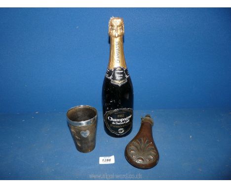 A Horn beaker with rim and heart shaped shield inscribed 'Harriet', plus a copper powder flask and a bottle of 1982 Champagne