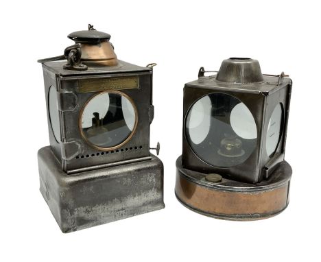 Lamp Manufacturing &amp; Railway Supplies Ltd Welch Patent steel and copper railway lamp marked LNER, with square base marked