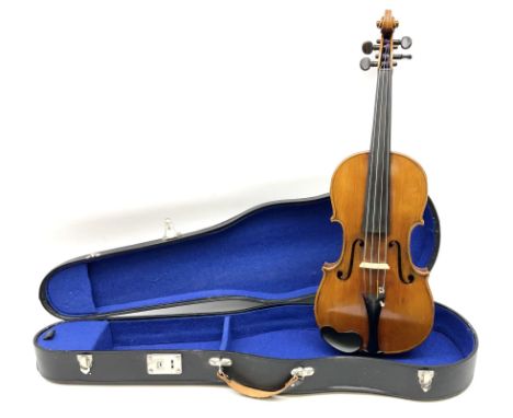 German viola c1900 with 38.5cm (15.25") two-piece maple back and ribs and spruce top, button etched 'G.M. 1886', bears label 