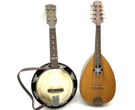 Melody-Uke four-string ukelele banjo, makers plaque to head stock L59cm; and Italian eight-string lute-back mandolin with mah