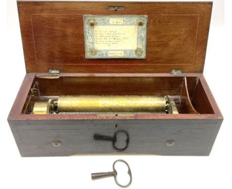 Swiss musical box by L.F, Geneva, (probably LeCoultre Freres) playing six airs, key wind to a 23. 5cm barrel with ninety-six 