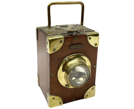 20th Century Ever Ready brass mounted mahogany signal lamp, with a brass handle, H19.5cm