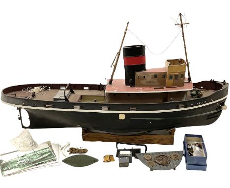 Large model of the tugboat 'Dhulia' on a wooden stand L144cm, together with a box of additional parts and plans