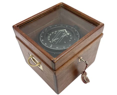 Sowester Bosun compass suspended in a gimbal frame, in fitted oak case, with a glass lid, H21cm, L23.5cm