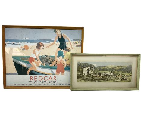 After Freda Marston, railway carriage print depicting Rievaux Abbey 15 x 41cm, green painted oak frame; and framed colour pri
