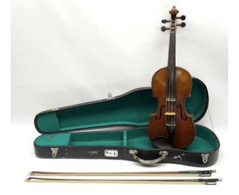 German violin c1900 with 35.5cm two-piece maple back and ribs and spruce top, bears label 'Antonius Stradivarius Cremonensis 