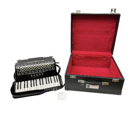 Italian Serenellini bass piano accordion in black and silver with jewelled decoration, twenty pearline keys and seventy-two b