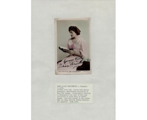 Vintage signed Dame Lilian Braithwaite colour photo 5.5x3.5 Inch corner stickers onto an A4 white sheet plus small cut out of