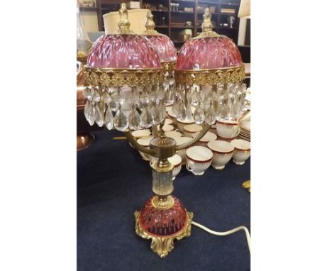 Modern three-branch table lamp with glass drop detail, 17 1/2" high 