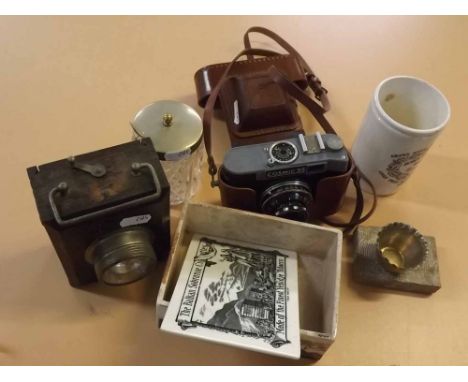 Vintage Eveready cycle lamp, further Balkan Sobranie cigarette box, silver plated mounted glass preserve pot, vintage camera 