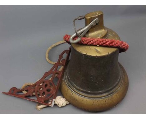 Vintage heavy brass bell, stamped "G R", together with hanging bracket, 9" high