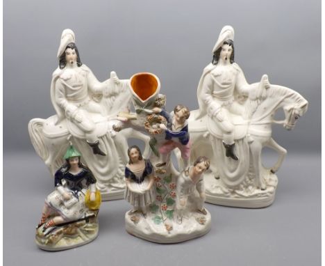 Mixed Lot: Staffordshire wares comprising two figures on horseback, tree trunk vase and further figure of a seated woman, lar