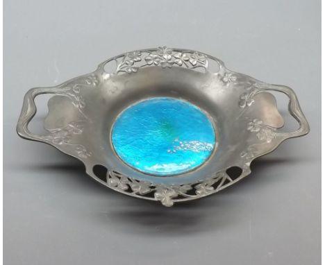 Early 20th century two-handled pewter dish with blue enamel inset, base numbered 0287 and impressed "English Pewter", 11" wid