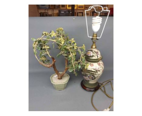 Modern Oriental composition flowering tree, in a pale green Jardiniere and a further modern Oriental table lamp (2)