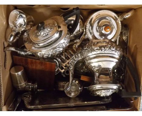 Box: various silver plate including part tea service, toast rack, trays etc  