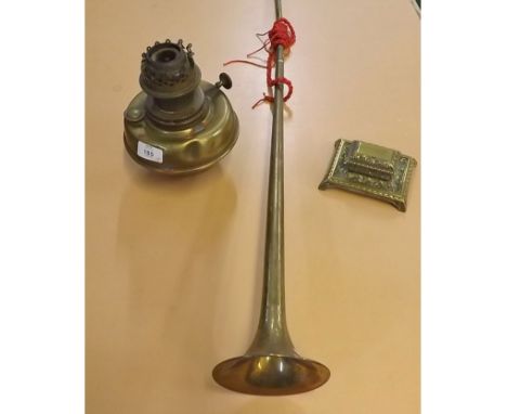 Victorian brass oil lamp burner, small brass stamp box and further brass coaching horn (3) 