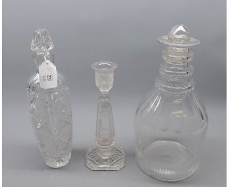 Large glass decanter with non-matching stopper; further glass candlestick and a further modern glass decanter (3) 