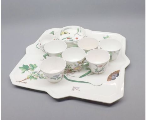 Minton floral decorated tea tray and six cups, saucers and cream jug, tray 16" wide  