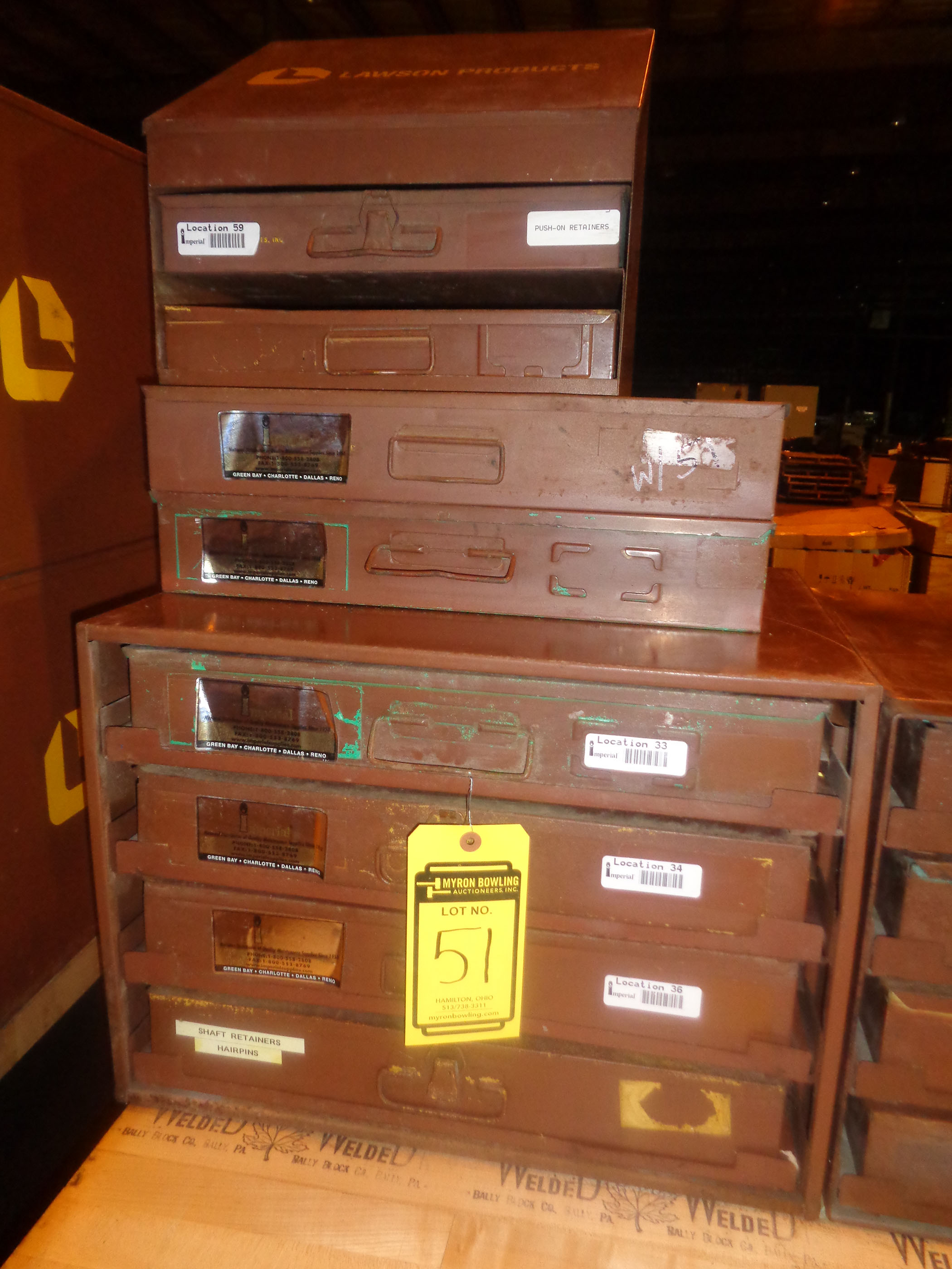 { Group of lots 48, 49, 50, 51 } LAWSON 4DRAWER BOLT BIN W/ CONTENTS
