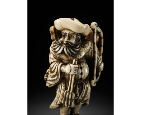 OKAKOTO: AN IMPRESSIVE AND LARGE IVORY NETSUKE OF A TARTAR ARCHERBy Yamaguchi Okakoto, signed Okakoto 岡言Japan, Kyoto, late 18