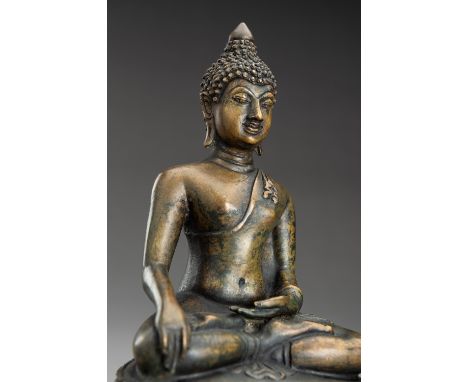 A THAI BRONZE FIGURE OF BUDDHA MARAVIJAYA, 19TH CENTURYThailand, 19th century. Seated in maravijaya virasana on a tiered lotu