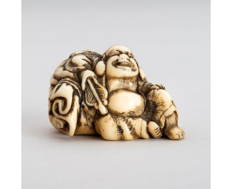 AN IVORY NETSUKE OF HOTEI WITH HIS TREASURE BAGJapan, 18th century, Edo period (1615-1868)Carved as the seated Hotei, his fac