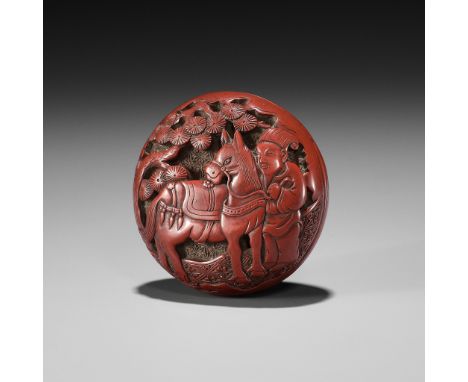 A RARE TSUISHU LACQUER MANJU NETSUKE WITH CHINESE SCHOLARS AND MULEUnsignedJapan, 18th century, Edo period (1615-1868)An earl